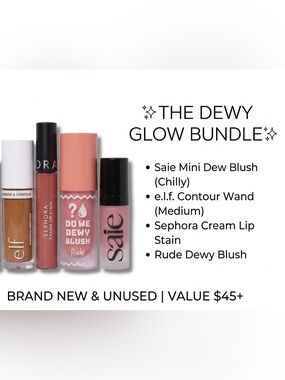 BUNDLE- Unused Dewy Glow Makeup Lot - Saie, e.l.f., Sephora, Rude